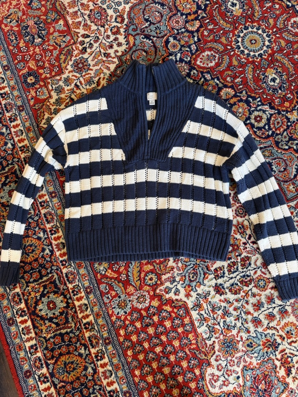 a new day Navy & White Striped Half-Zip Cropped Sweater
